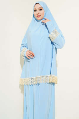 Pazarium - Dantelli Namaz Takımı Mavi