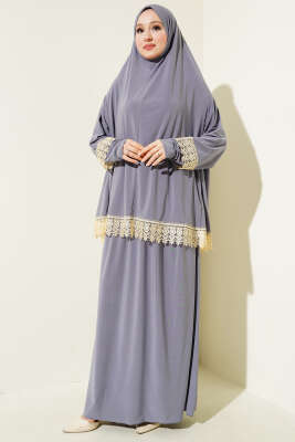 Pazarium - Dantelli Namaz Takımı Kayrak Grisi