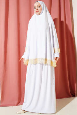 Pazarium - Dantelli Namaz Takımı Ekru