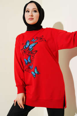 Pazarium - Kelebek Baskılı İki İplik Tunik Kırmızı