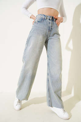 Pazarium - Geniş Kesik Paça Kot Pantolon Yeşil Tint