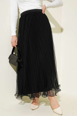 Pazarium - Fırfırlı Pileli Tül Etek Siyah