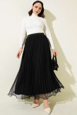 Fırfırlı Pileli Tül Etek Siyah - Thumbnail