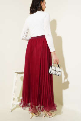 Fırfırlı Pileli Tül Etek Bordo - Thumbnail