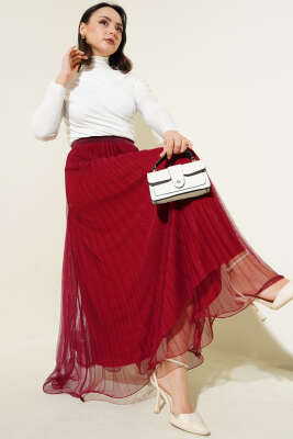 Fırfırlı Pileli Tül Etek Bordo - Thumbnail