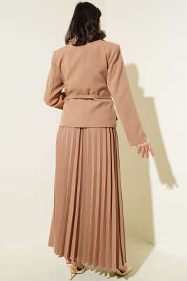 Cep Kapaklı Pileli Etekli İkili Takım Latte - Thumbnail