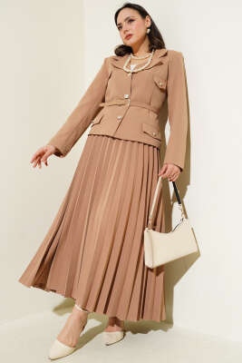 Cep Kapaklı Pileli Etekli İkili Takım Latte - Thumbnail