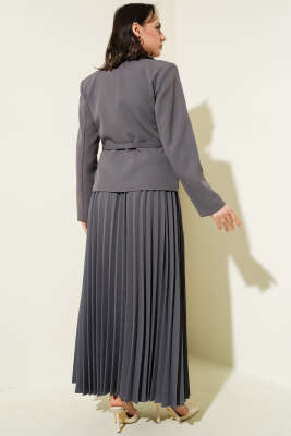 Cep Kapaklı Pileli Etekli İkili Takım Füme - Thumbnail