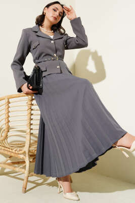 Cep Kapaklı Pileli Etekli İkili Takım Füme - Thumbnail