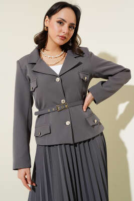 Cep Kapaklı Pileli Etekli İkili Takım Füme - Thumbnail