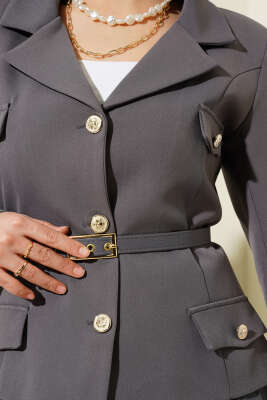 Cep Kapaklı Pileli Etekli İkili Takım Füme - Thumbnail