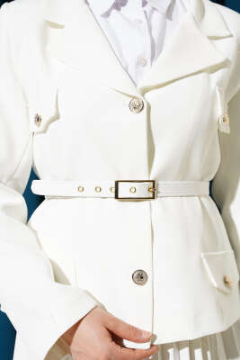 Cep Kapaklı Pileli Etekli İkili Takım Ekru - Thumbnail