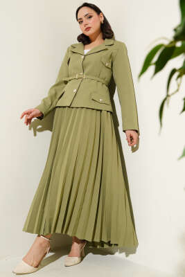 Cep Kapaklı Pileli Etekli İkili Takım Çağla Yeşili - Thumbnail