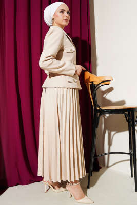 Cep Kapaklı Pileli Etekli İkili Takım Bej - Thumbnail