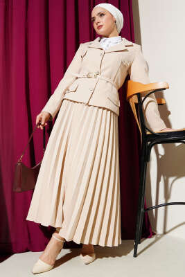 Cep Kapaklı Pileli Etekli İkili Takım Bej - Thumbnail