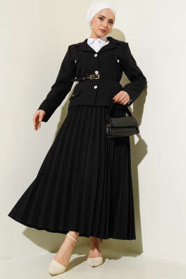 Cep Kapaklı Pileli Etekli İkili Takım Siyah - Thumbnail