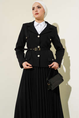 Cep Kapaklı Pileli Etekli İkili Takım Siyah - Thumbnail