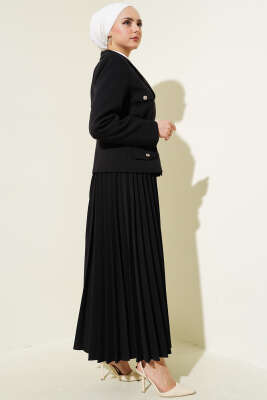 Cep Kapaklı Pileli Etekli İkili Takım Siyah - Thumbnail