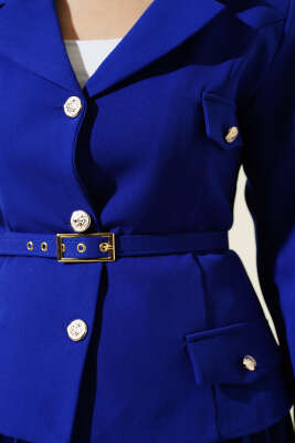 Cep Kapaklı Pileli Etekli İkili Takım Saks - Thumbnail