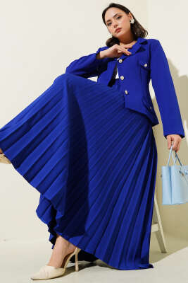 Cep Kapaklı Pileli Etekli İkili Takım Saks - Thumbnail