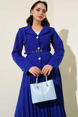 Cep Kapaklı Pileli Etekli İkili Takım Saks - Thumbnail