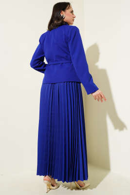 Cep Kapaklı Pileli Etekli İkili Takım Saks - Thumbnail