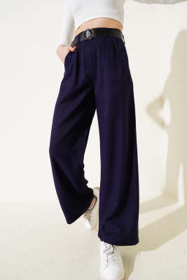 Pazarium - Kemerli Pileli Baggy Pantolon Lacivert