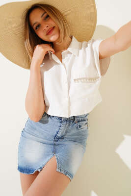 Pazarium - Cep Taşlı Crop Keten Gömlek Bej