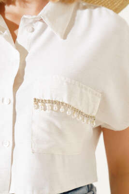 Cep Taşlı Crop Keten Gömlek Bej - Thumbnail