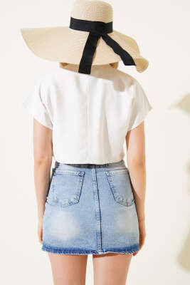 Cep Taşlı Crop Keten Gömlek Bej - Thumbnail