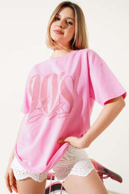 90's Baskılı Kısa Kol T-shirt Pembe - Thumbnail