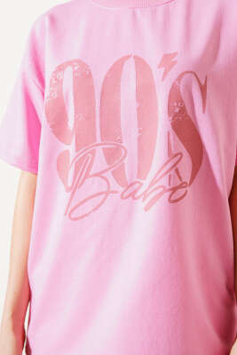 90's Baskılı Kısa Kol T-shirt Pembe - Thumbnail