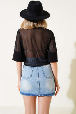 İncili Yarım Kol Tül Bluz Siyah - Thumbnail