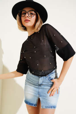 Pazarium - İncili Yarım Kol Tül Bluz Siyah