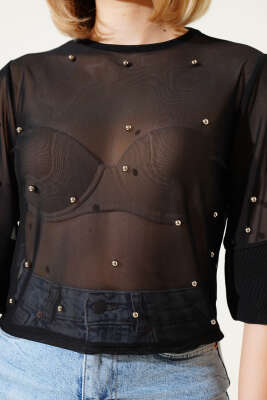 İncili Yarım Kol Tül Bluz Siyah - Thumbnail