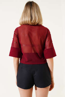 İncili Yarım Kol Tül Bluz Bordo - Thumbnail