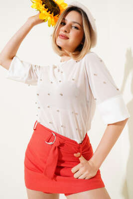 Pazarium - İncili Yarım Kol Tül Bluz Beyaz