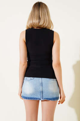 Önü Büzgülü Kare Yaka Sandy Bluz Siyah - Thumbnail