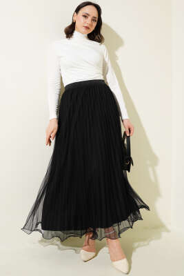 Bel Lastikli Pileli Fırfırlı Tül Etek Siyah - Thumbnail