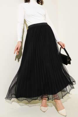 Bel Lastikli Pileli Fırfırlı Tül Etek Siyah - Thumbnail