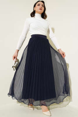 Bel Lastikli Pileli Fırfırlı Tül Etek Lacivert - Thumbnail