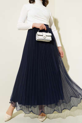 Bel Lastikli Pileli Fırfırlı Tül Etek Lacivert - Thumbnail