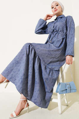 Pazarium - Batik Desen Yarım Taş Düğmeli Elbise Füme