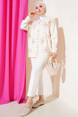 Loyşa Tül Çiçekli Taşlı Hırka Ekru - Thumbnail