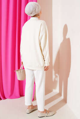 Loyşa Tül Çiçekli Taşlı Hırka Ekru - Thumbnail