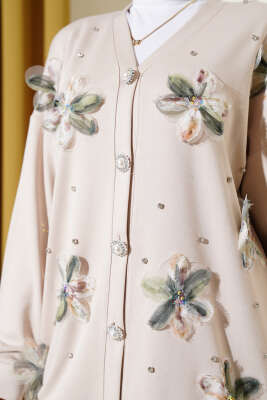 Loyşa Tül Çiçekli Taşlı Hırka Bej - Thumbnail