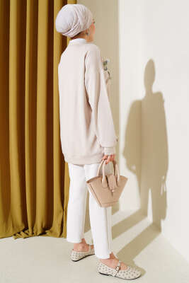 Loyşa Tül Çiçekli Taşlı Hırka Bej - Thumbnail