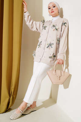 Loyşa Tül Çiçekli Taşlı Hırka Bej - Thumbnail