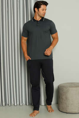 Gömlek Yaka Desenli Kısa Kol Erkek Pijama Takım Füme - Thumbnail