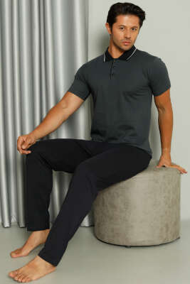 Gömlek Yaka Desenli Kısa Kol Erkek Pijama Takım Füme - Thumbnail